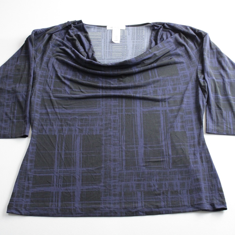 Liz Claiborne Navy Blue Black Abstract Grid Cowl Neck 3/4 Sleeve Top Large